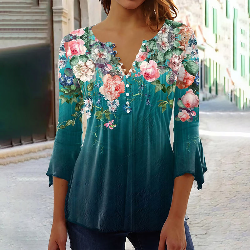 🩷Comfort You Deserve Up to 49% Off🔥Women's Floral Button V-Neck Pleated 3/4 Sleeve T-Shirt