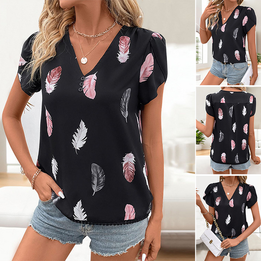 Women's Stylish Feather Pattern V-Neck Top with Puff Sleeves