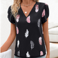 Women's Stylish Feather Pattern V-Neck Top with Puff Sleeves