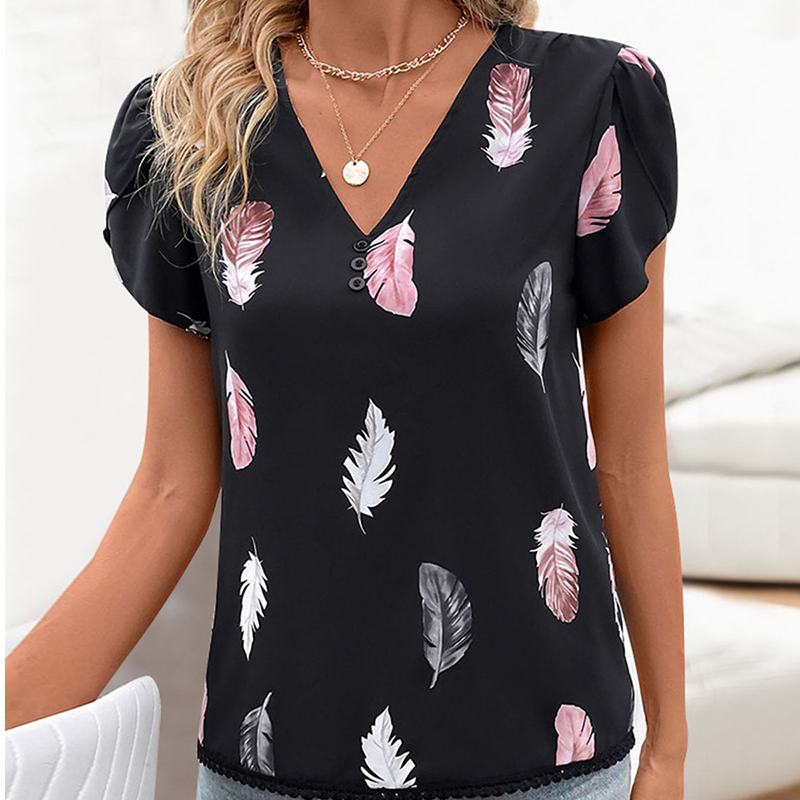 Women's Stylish Feather Pattern V-Neck Top with Puff Sleeves