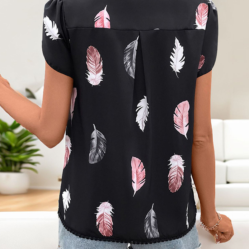 Women's Stylish Feather Pattern V-Neck Top with Puff Sleeves