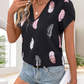 Women's Stylish Feather Pattern V-Neck Top with Puff Sleeves
