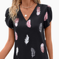Women's Stylish Feather Pattern V-Neck Top with Puff Sleeves