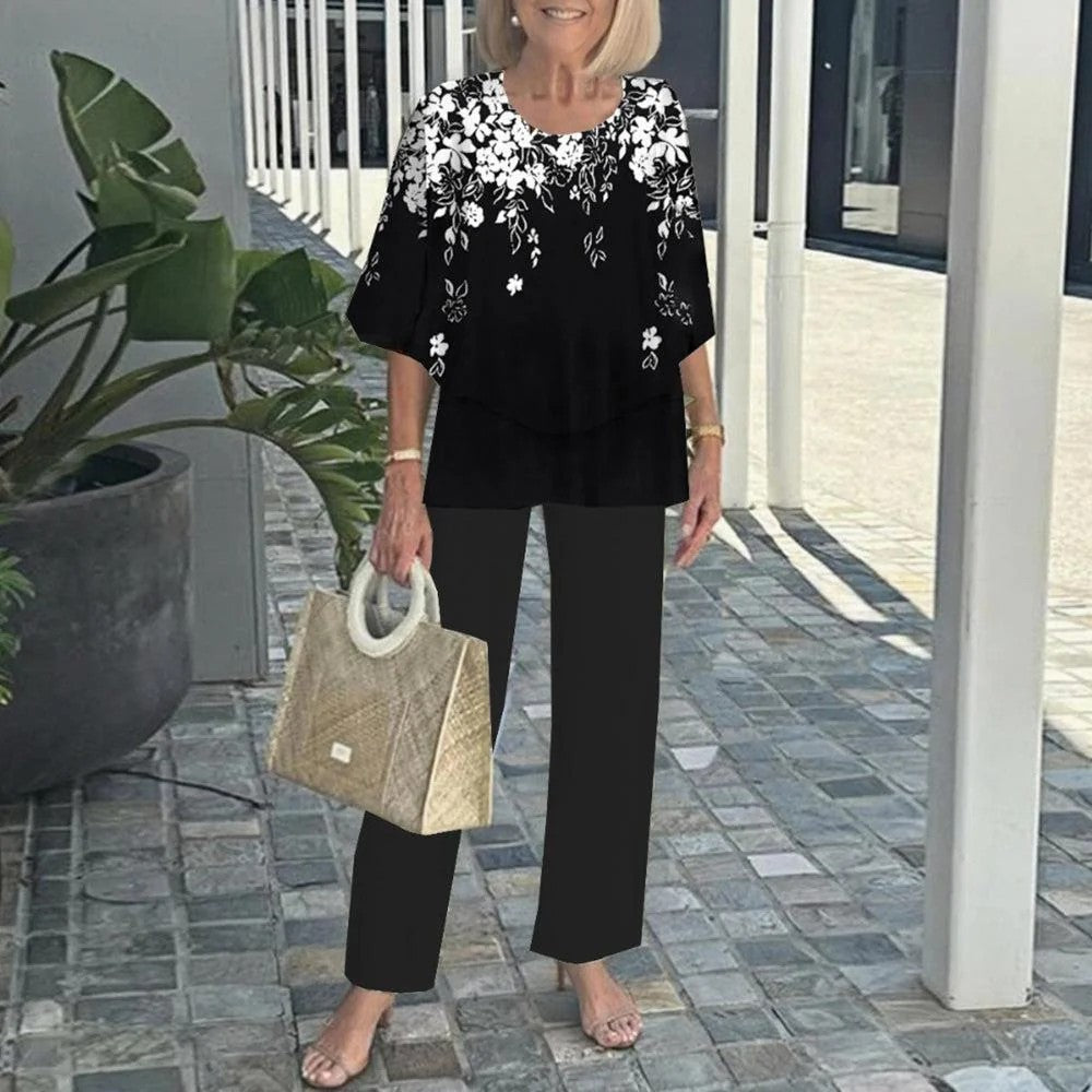 🔥Summer Sale 50% OFF💥Women’s Casual Round Neck Half Sleeve Top Printed Pants Two Piece Set