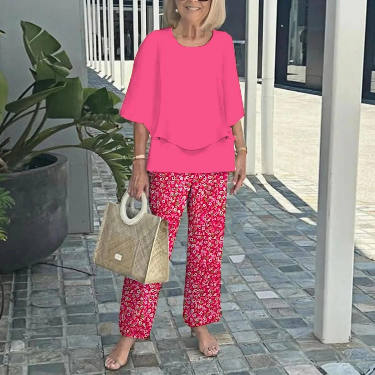 🔥Summer Sale 50% OFF💥Women’s Casual Round Neck Half Sleeve Top Printed Pants Two Piece Set