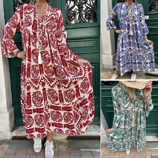 💕Summer Hot Sale 50% OFF💃Women's Printed V-Neck Pleated Dress