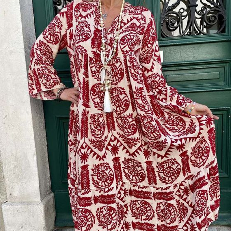 💕Summer Hot Sale 50% OFF💃Women's Printed V-Neck Pleated Dress