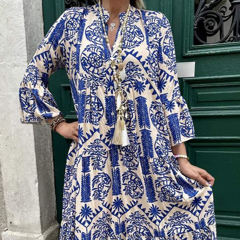 💕Summer Hot Sale 50% OFF💃Women's Printed V-Neck Pleated Dress