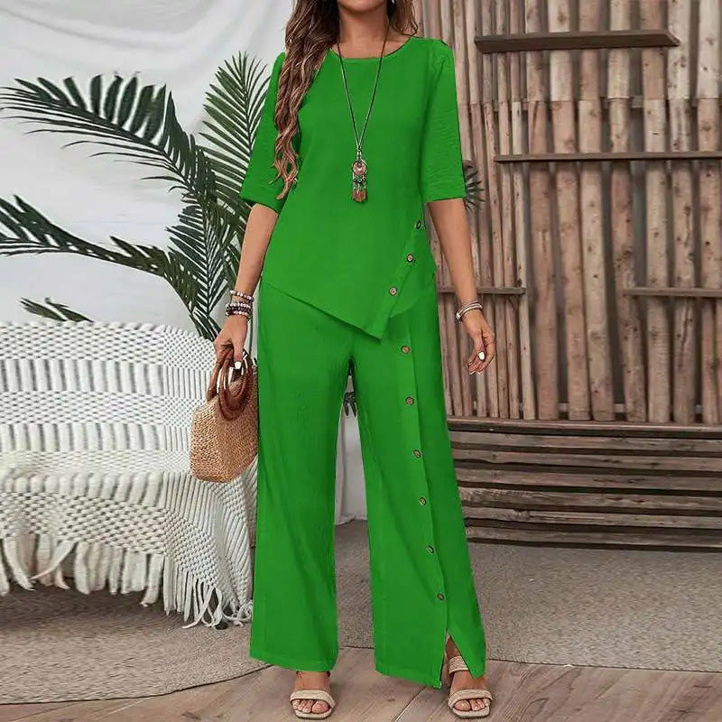 Women's Irregular Hem Top & Wide Leg Pants Two-Piece Set
