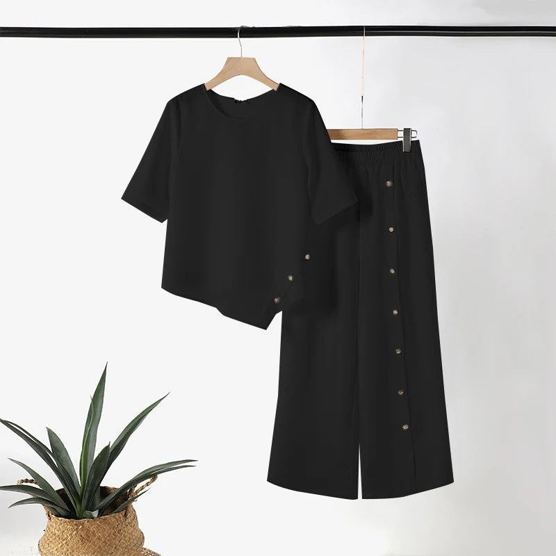 Women's Irregular Hem Top & Wide Leg Pants Two-Piece Set