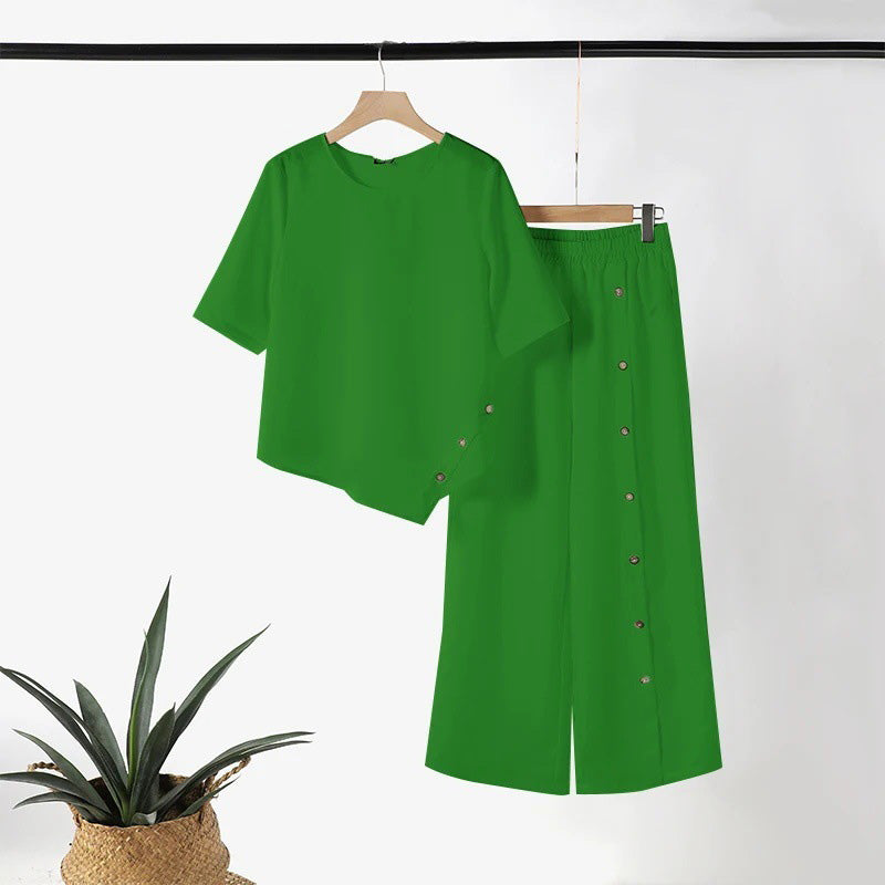 Women's Irregular Hem Top & Wide Leg Pants Two-Piece Set