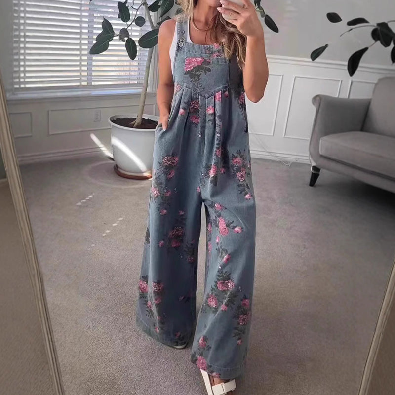 Women's Casual Printed Denim Jumpsuit