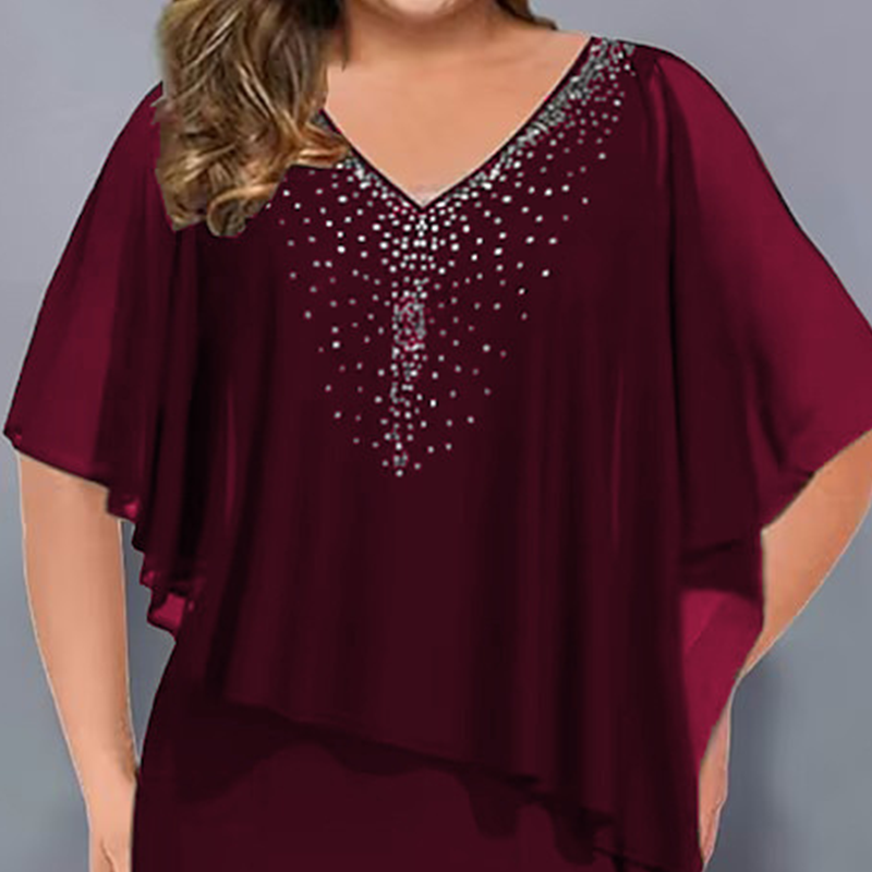 👗 Rhinestone V-Neck Cape Dress with Chiffon Overlay👑