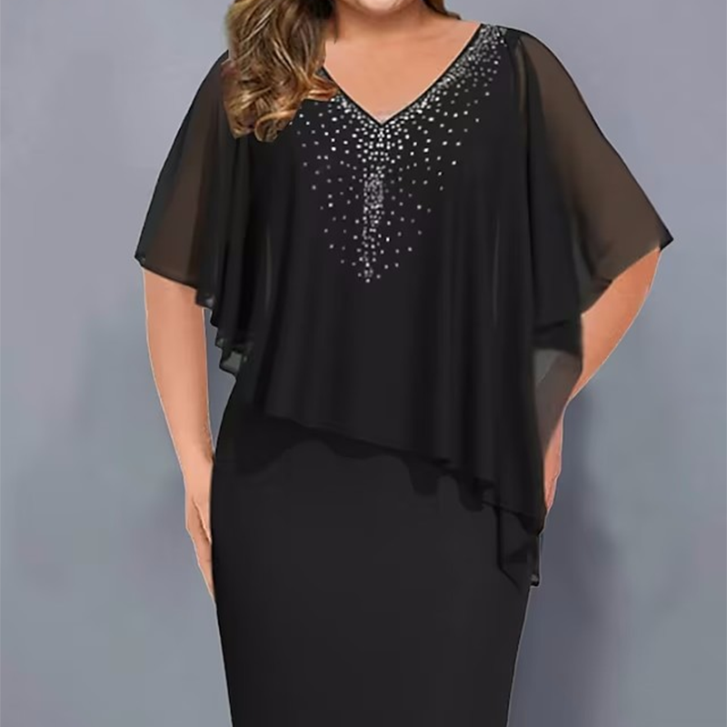👗 Rhinestone V-Neck Cape Dress with Chiffon Overlay👑