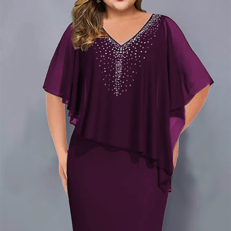 👗 Rhinestone V-Neck Cape Dress with Chiffon Overlay👑