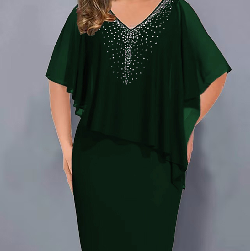 👗 Rhinestone V-Neck Cape Dress with Chiffon Overlay👑