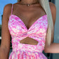 Pink Floral Print Waist Cutout V-Neck Sleeveless Dress