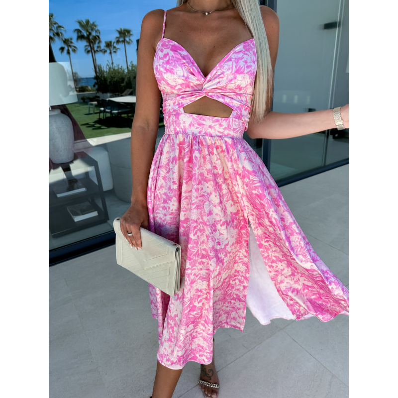 Pink Floral Print Waist Cutout V-Neck Sleeveless Dress