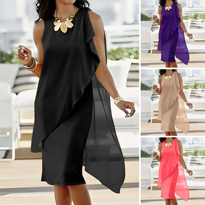 ⏳Time-limited Special⏰Women's Summer Elegant Round Neck Asymmetric Mesh Sleeveless Dress👗