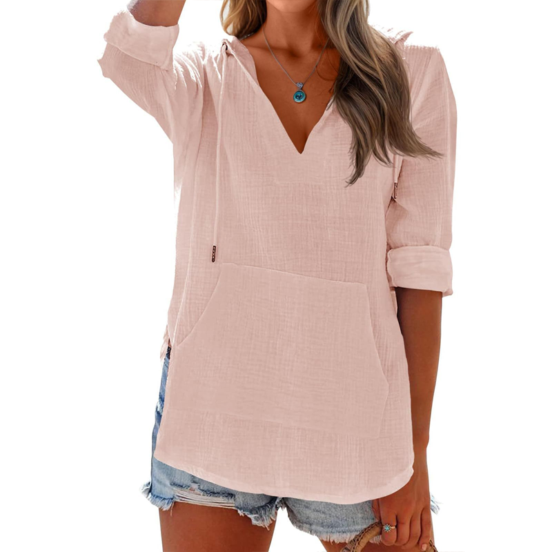 🌞Summer Sale 50% OFF🔥Women's Solid V-Neck Long Sleeve Hooded Top with Pocket