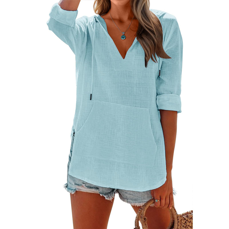 🌞Summer Sale 50% OFF🔥Women's Solid V-Neck Long Sleeve Hooded Top with Pocket