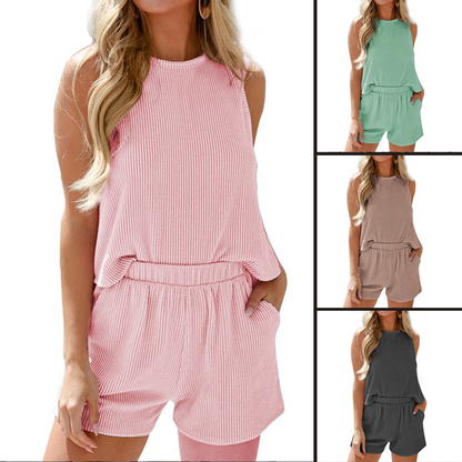 Striped Sleeveless Vest & Shorts Two-Piece Set