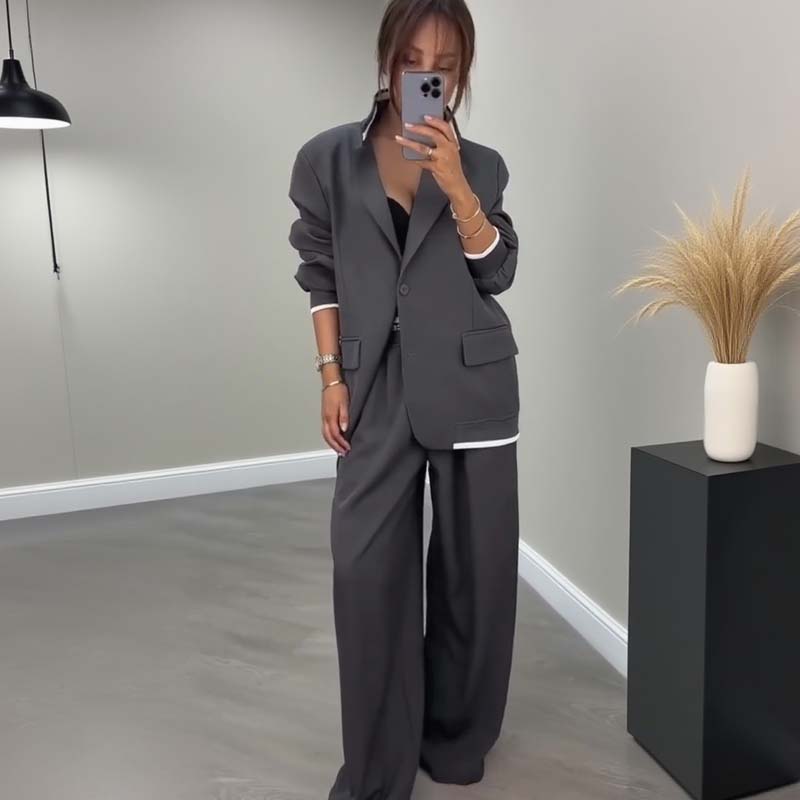 Women's Long Sleeve Blazer & Wide Leg Pant 2-Piece Set