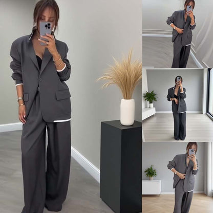 Women's Long Sleeve Blazer & Wide Leg Pant 2-Piece Set