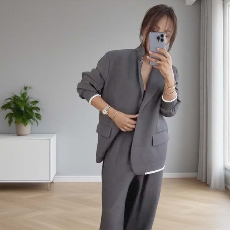 Women's Long Sleeve Blazer & Wide Leg Pant 2-Piece Set