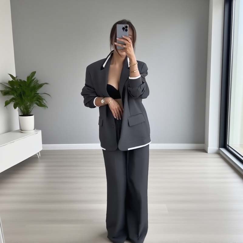 Women's Long Sleeve Blazer & Wide Leg Pant 2-Piece Set