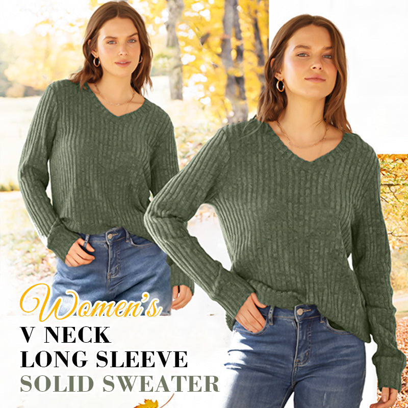 Women's V Neck Long Sleeve Solid Sweater -👏Soft and Warm!