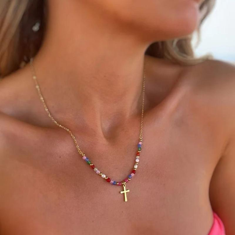 Colorful Beaded Cross Necklace