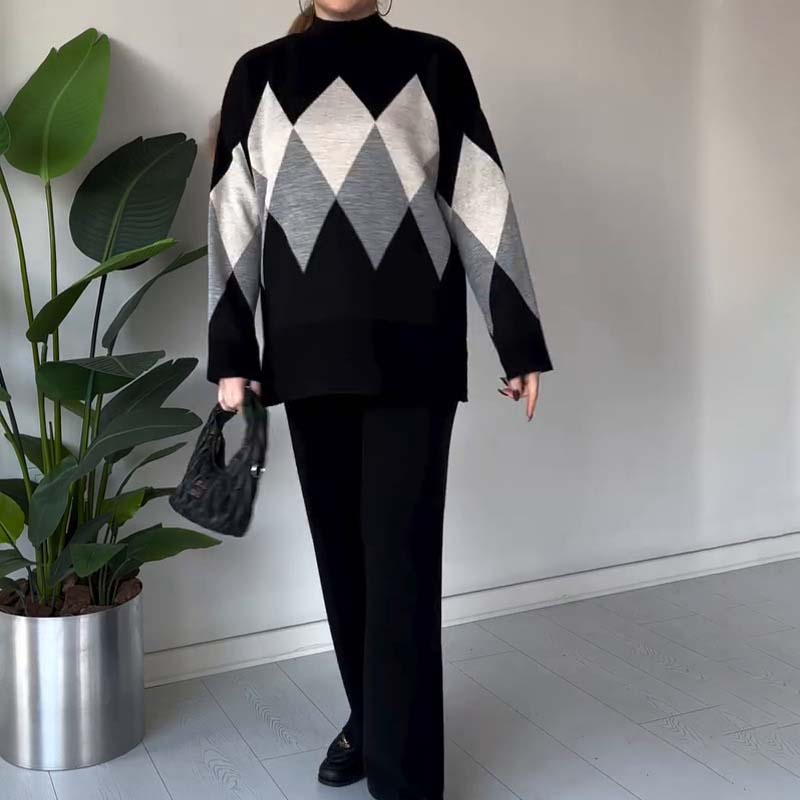 Fashion Color-blocking Rhombus Sweater & Pants Set