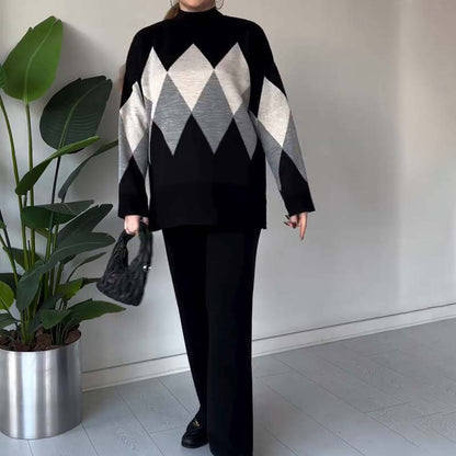Fashion Color-blocking Rhombus Sweater & Pants Set