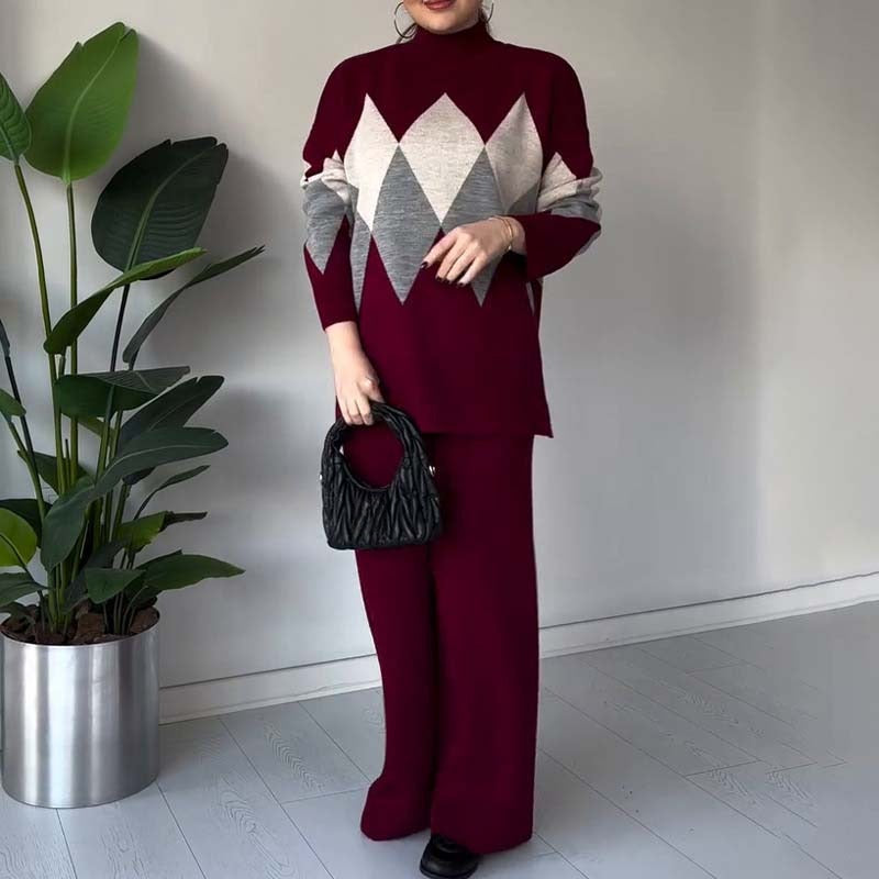 Fashion Color-blocking Rhombus Sweater & Pants Set