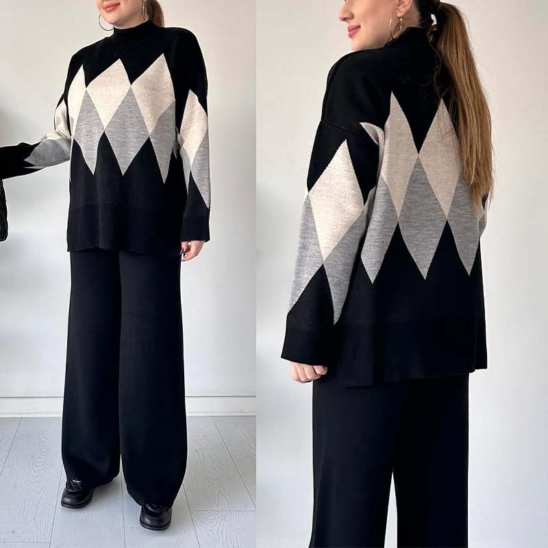 Fashion Color-blocking Rhombus Sweater & Pants Set