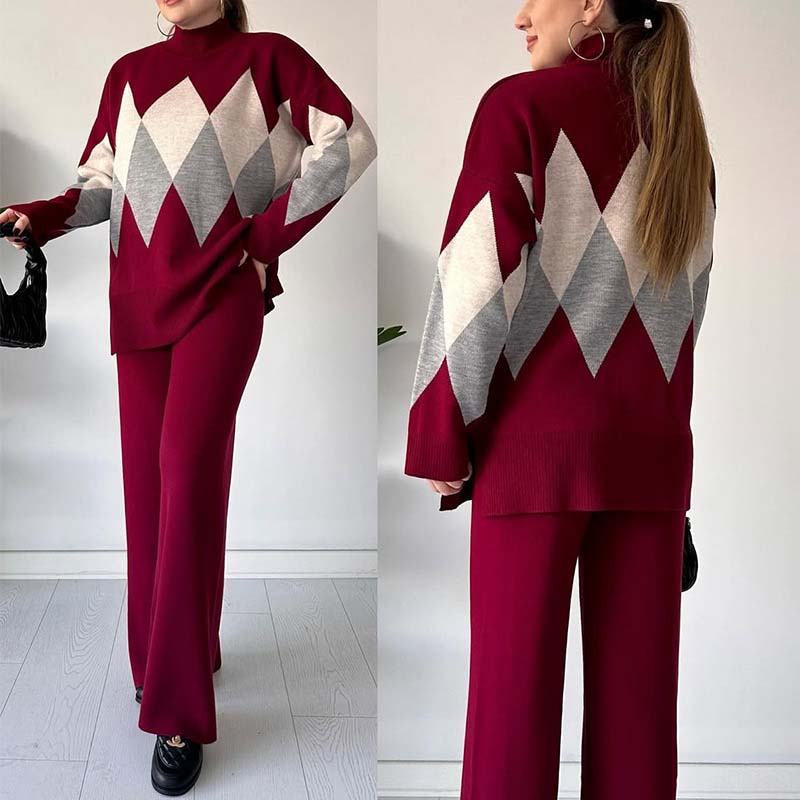 Fashion Color-blocking Rhombus Sweater & Pants Set