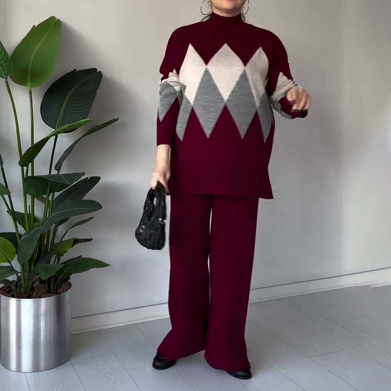 Fashion Color-blocking Rhombus Sweater & Pants Set