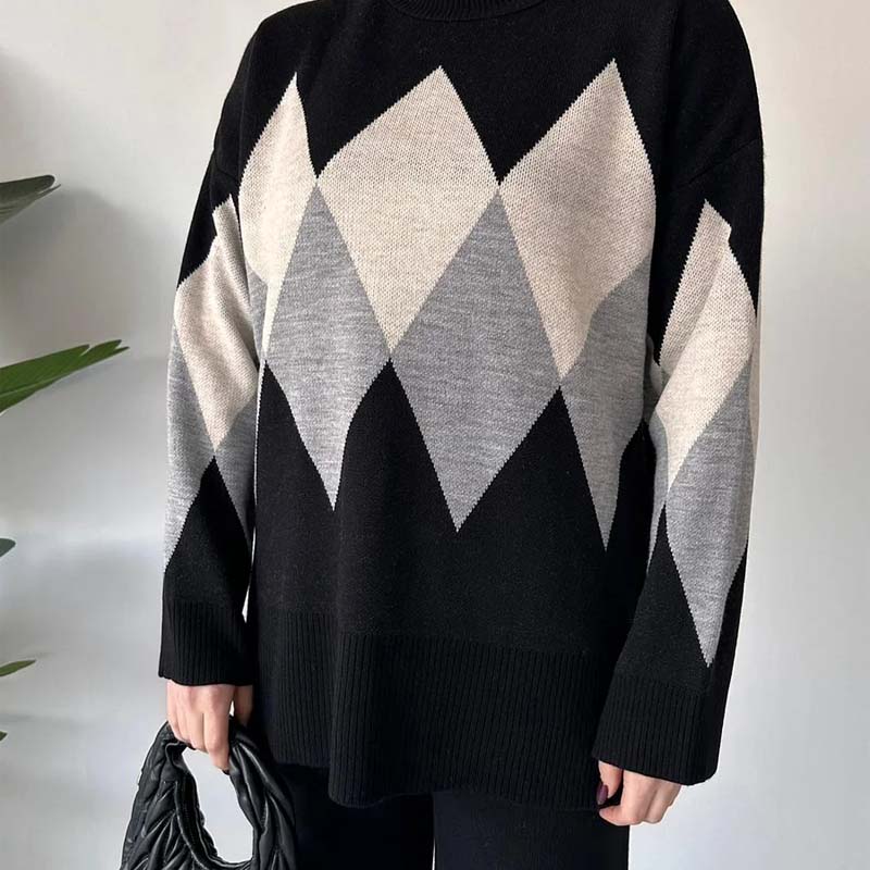 Fashion Color-blocking Rhombus Sweater & Pants Set