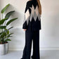 Fashion Color-blocking Rhombus Sweater & Pants Set
