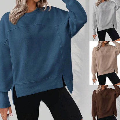 💖Versatile Women's Round-Neck Sweatshirt: Loose Fit & Side Slits