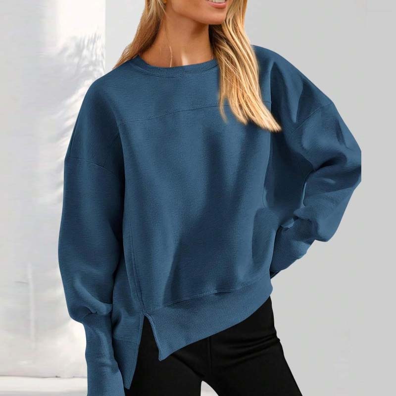 💖Versatile Women's Round-Neck Sweatshirt: Loose Fit & Side Slits