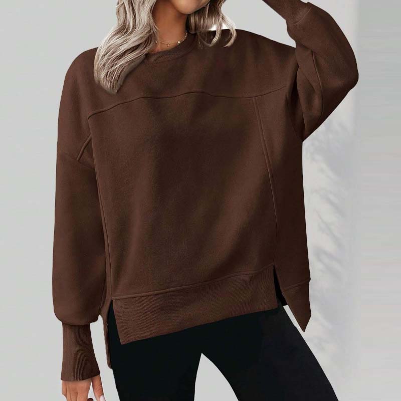 💖Versatile Women's Round-Neck Sweatshirt: Loose Fit & Side Slits