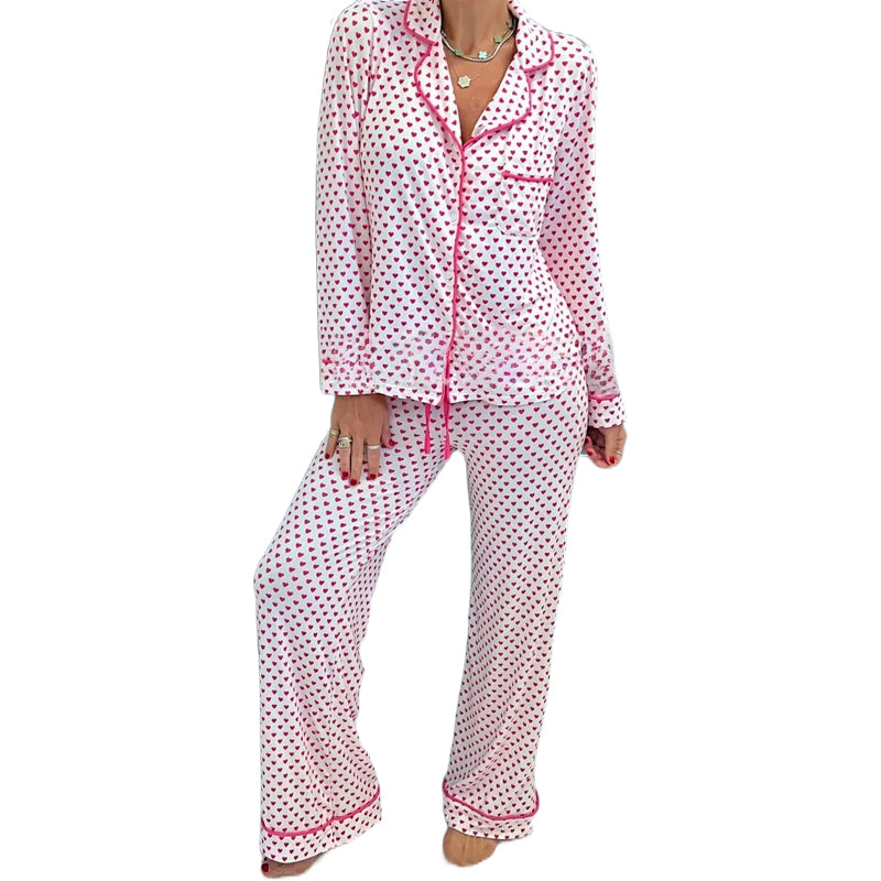 Women’s Heart-Printed Button-Down Long-Sleeve Pajama Sets
