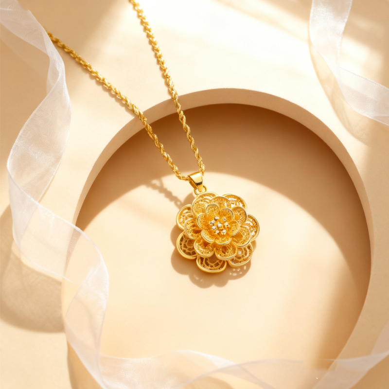 Elegant Gold Tone Flower Pendant Necklace