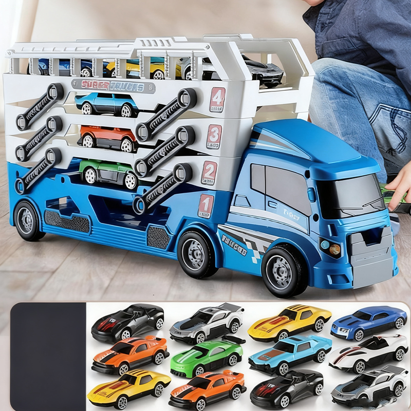 🔥Hot Sale Offers-Foldable 4-Layer Race Container Truck Toy （Includes 12  Cars)