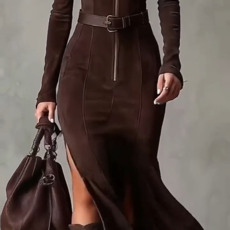 🖤Long Sleeve Faux Suede Zipper Maxi Dress✨