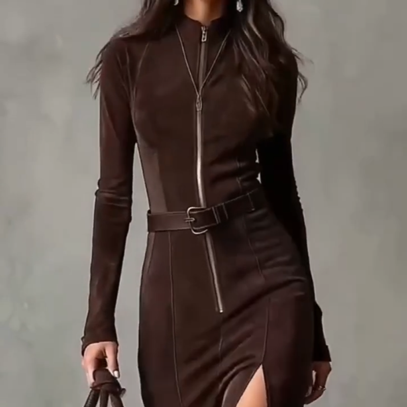 🖤Long Sleeve Faux Suede Zipper Maxi Dress✨
