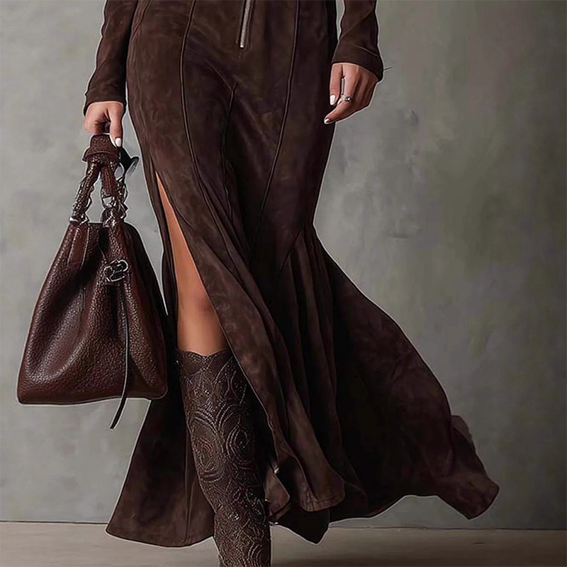 🖤Long Sleeve Faux Suede Zipper Maxi Dress✨