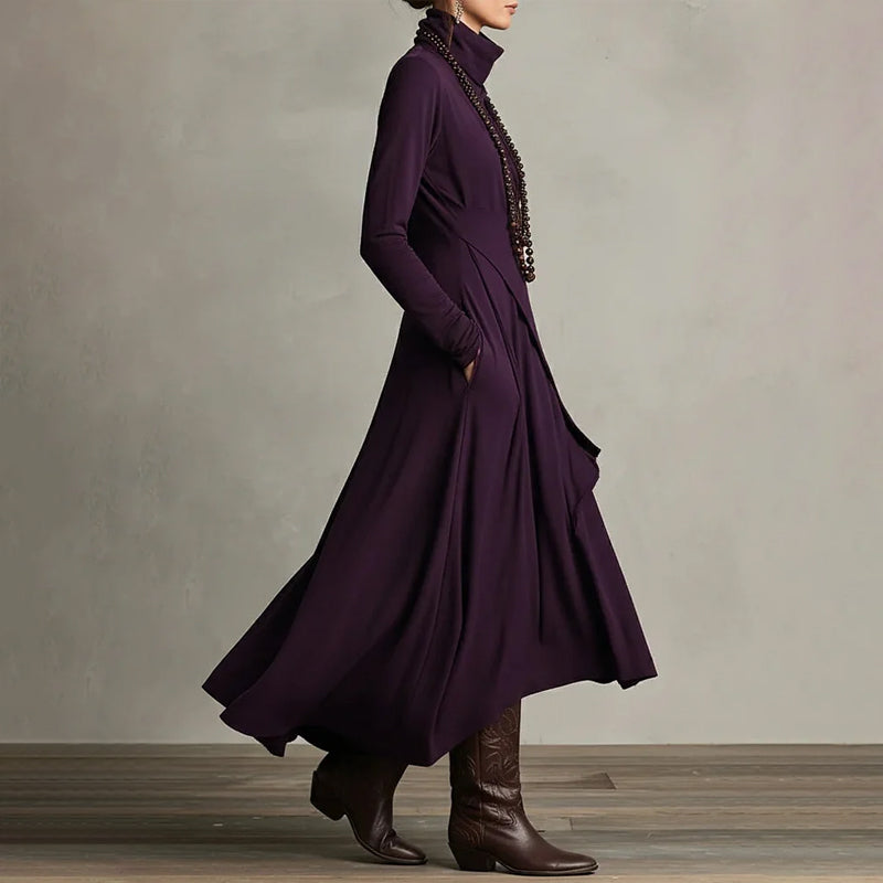 👗 Women's Elegant High-Neck Asymmetrical Maxi Dress – Draped Design for Effortless Charm!